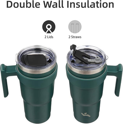 Konokyo 20 oz Tumbler with Handle and 2 Straw 2 Lid, Insulated Water Bottle Stainless Steel Vacuum Cup Reusable Travel Mug,Army Green