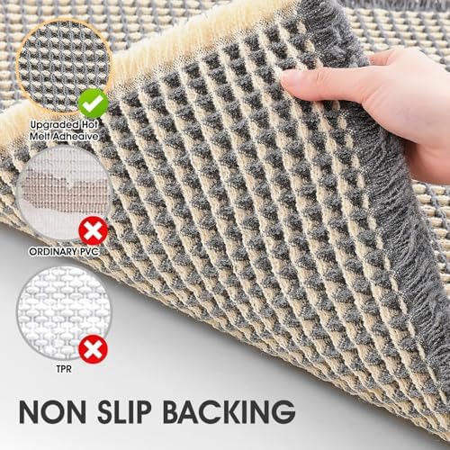 IM HOME Waffle Bath Mat Grey & Beige 36"x24", Boho Woven Modern Bath Mat Rugs, Absorbent Non Slip Bathroom Rugs, Soft Washable Bath Rugs with Tassels for Bedroom, Kitchen, Shower, Tub