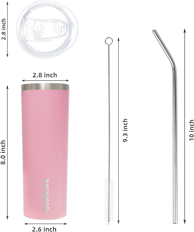 BJPKPK Skinny Insulated Tumbler, 20oz/600ml Stainless Steel Reusable Slim Travel Coffee Cup with Lid, Light Pink