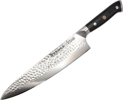 KANKA Chef Knife Damascus Steel 8" - 67 Layer Professional Steel, 10Cr Core, Razor-Sharp 62 HRC Edge, Ergonomic G-10 Fiberglass Handle, Wood Sheath INCLUDED – Chef Kitchen Knife for Precise Cutting