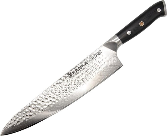 KANKA 10-inch 67 Layers Damascus Steel Profesional Chef Knife - Extra Long, G10 Black Fiberglass Handle, Razor Sharp Knife. Wood Sheath Included