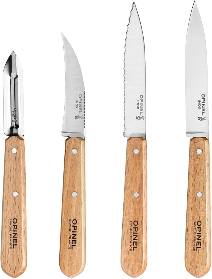 OPINEL Les Essentials - Small Kitchen 4 Piece Knife Set - Paring, Serrated, Peeler, Vegetable Knife, Corrosion Resistant High Carbon Steel, Made in France (Natural)