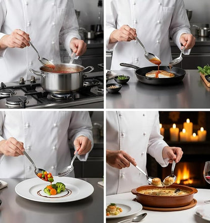 Kunz Perforated and Regular Set | Pack of 2 | 9 Inch 18/10 Stainless Steel Cooking Serving Spoon | Daily Chef, Basting, Quenelle, Saucing, Plating Spoon | Dishwasher safe