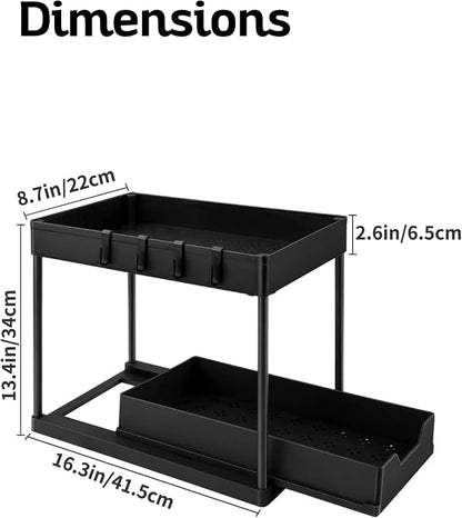 2 Tier Under Sink Organizer with Sliding Drawer, Pull Out Cabinet Storage Rack for Kitchen Bathroom Pantry, Multi Purpose Shelf with Removable Side Hooks and Hanging Cup, Tool Free Assembly
