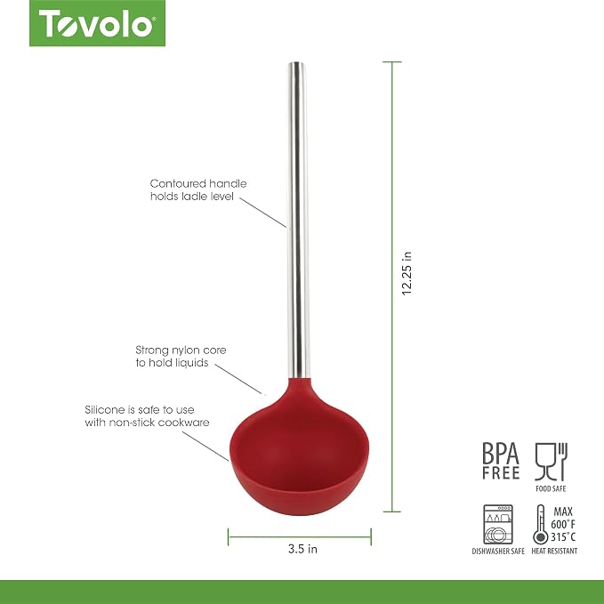 Tovolo Silicone Ladle With Stainless Steel Handle Deep Soup Ladle for Cooking Canning Serving Soup Punch Stew Sauce, Large Kitchen Utensil Spoon Dishwasher Safe BPA Free Silicone Cayenne Red