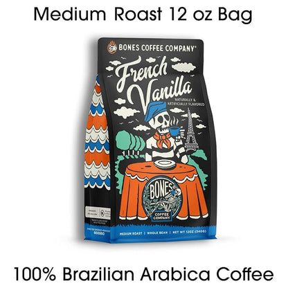 Bones Coffee Company French Vanilla, Creamy Vanilla Flavored Coffee, Medium Roast Low Acid Arabica Beans Compatible with Auto drip and French Press Coffee Maker, 12 Oz Ground