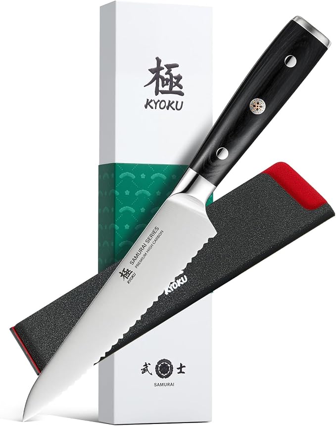 KYOKU 5.5 in. Serrated Utility Knife, Samurai Series Japanese Utility Chef Knife with Pakkawood Handle, German 1.4116 Stainless Steel Full Tang Sandwich Tomato Knife with Protective Sheath & Gift Box
