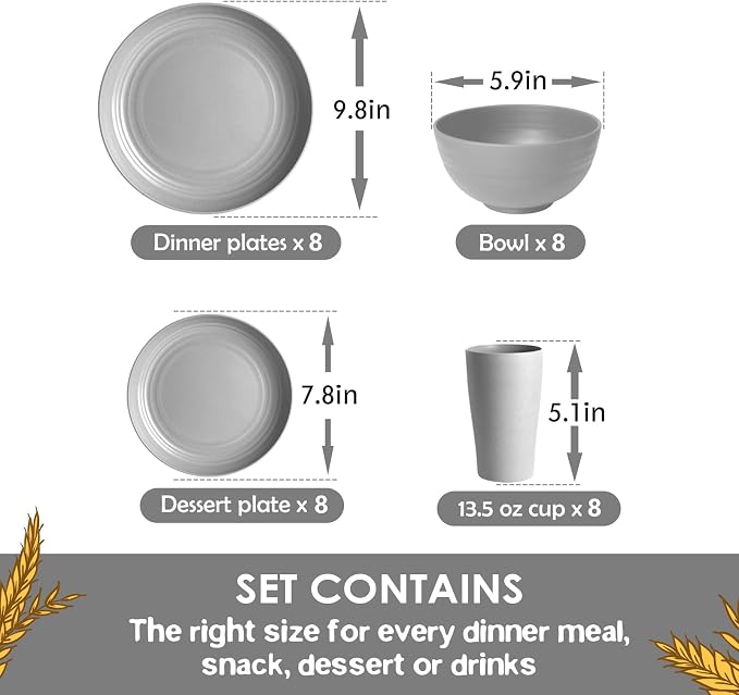 Teivio 32-Piece Kitchen Plastic Wheat Straw Dinnerware Set, Service for 8, Dinner Plates, Dessert Plate, Cereal Bowls, Cups, Unbreakable Colorful Plastic Outdoor Camping Dishes, Light Gray