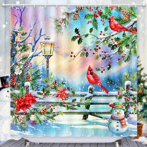Winter Shower Curtain, Shower Curtains Cardinal Birds Berry Snowman Pine Tree Holiday showercurtain Waterproof Polyester Machine Washable Home Farmhouse Decor Bathroom Curtains