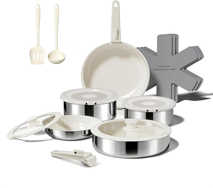 16PCS Pots and Pans Set Non Stick, Diamond-Titanium Ceramic Cookware Set & 3 Layer Stainless Steel with Detachable Handle, Induction Cookware, Non Toxic Oven/Dishwasher Safe, White