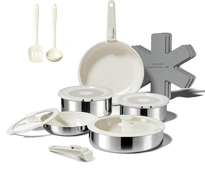 16PCS Pots and Pans Set Non Stick, Diamond-Titanium Ceramic Cookware Set & 3 Layer Stainless Steel with Detachable Handle, Induction Cookware, Non Toxic Oven/Dishwasher Safe, White