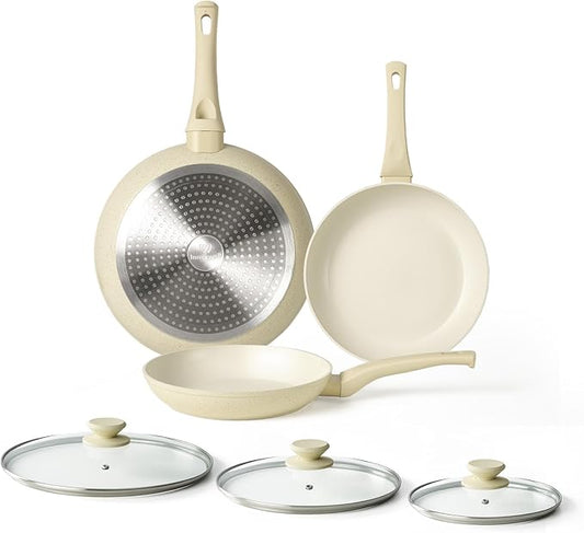 Frying Pan Set with Lids - Nonstick Frying Pan of 3, Non Stick Granite Cookware Set, Induction Egg Omelette Cooking Skillet W/Lid, Healthy No Toxic Cookware, PFOA Free