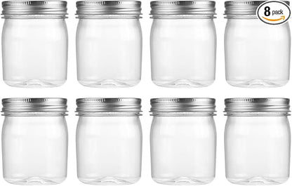 novelinks 8 oz Clear Plastic Jars with Airtight Lids, 8 Pack Plastic Mason Jars with Lids 8oz, Refillable Storage Slime Containers & Small Spice Jar for Kitchen Organization (8 Pack,Silver)