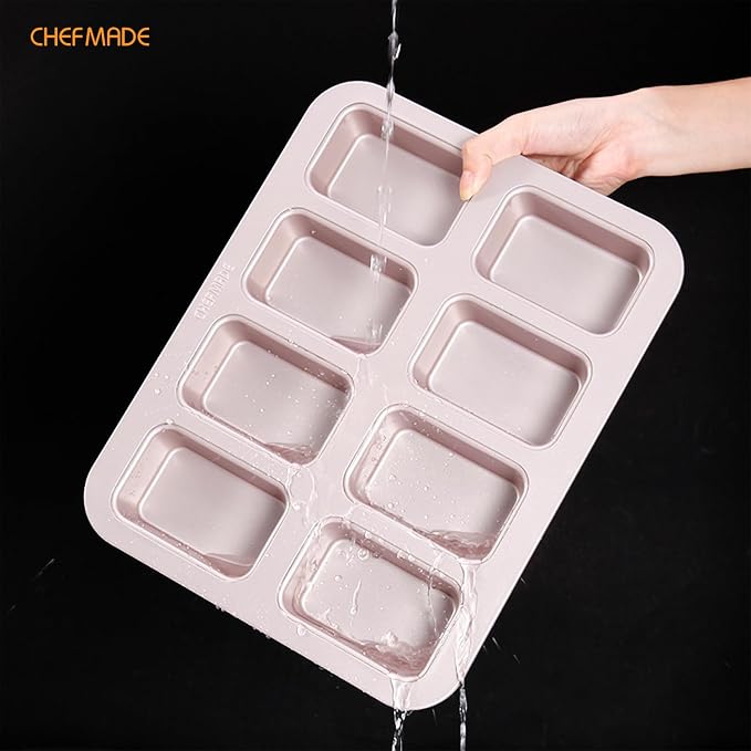 CHEFMADE Brownie Cake Pan, 8-Cavity Non-Stick Rectangle Muffin Pan Bakeware for Oven Baking(Gold)