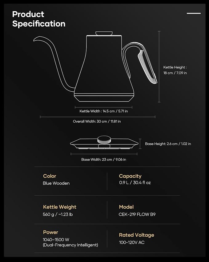 Cocinare Barista Collection Gooseneck Electric Kettle, ±1℉ Precise Temperature Control for Pour-Over Coffee & Tea, Quick Heating 1500W, Stainless Steel Interior, 0.9L (Picasso Blue)