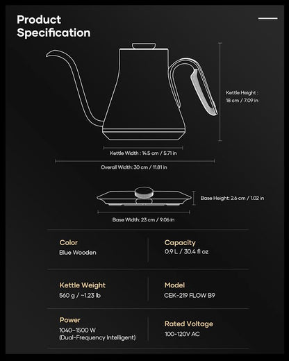 Cocinare Barista Collection Gooseneck Electric Kettle, ±1℉ Precise Temperature Control for Pour-Over Coffee & Tea, Quick Heating 1500W, Stainless Steel Interior, 0.9L (Picasso Blue)