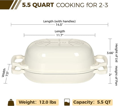 Enameled Cast Iron Dutch Oven Pot with Lid, Wildone 5.5QT Bread Oven for Homemade Sourdough Bread Baking with Cotton Potholders, Oven Safe up to 500°F, Cream White