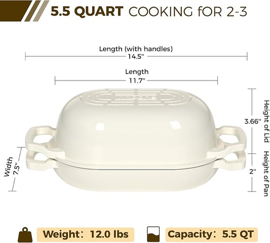 Enameled Cast Iron Dutch Oven Pot with Lid, Wildone 5.5QT Bread Oven for Homemade Sourdough Bread Baking with Cotton Potholders, Oven Safe up to 500°F, Cream White