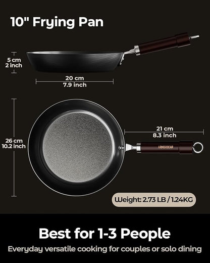 10 Inch Auto-Seasoning Nitrided Carbon Steel Pan, Professional Skillet for Induction Stovetop and Daily Searing, Pre-seasoned Frying Pan, Wooden Handle, PFAS & PFOA-Free