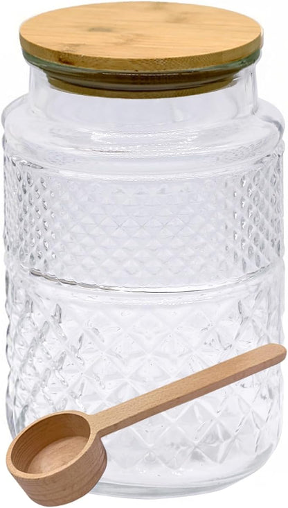 Viovian Vintage Glass Jar with Lid Wood Spoon 60 OZ Round Thick Glass Storage Jars Airtight Lids Decorative Canister Container for Food Candy Cookie Sugar Coffee Tea Nuts Snack Bath Salt
