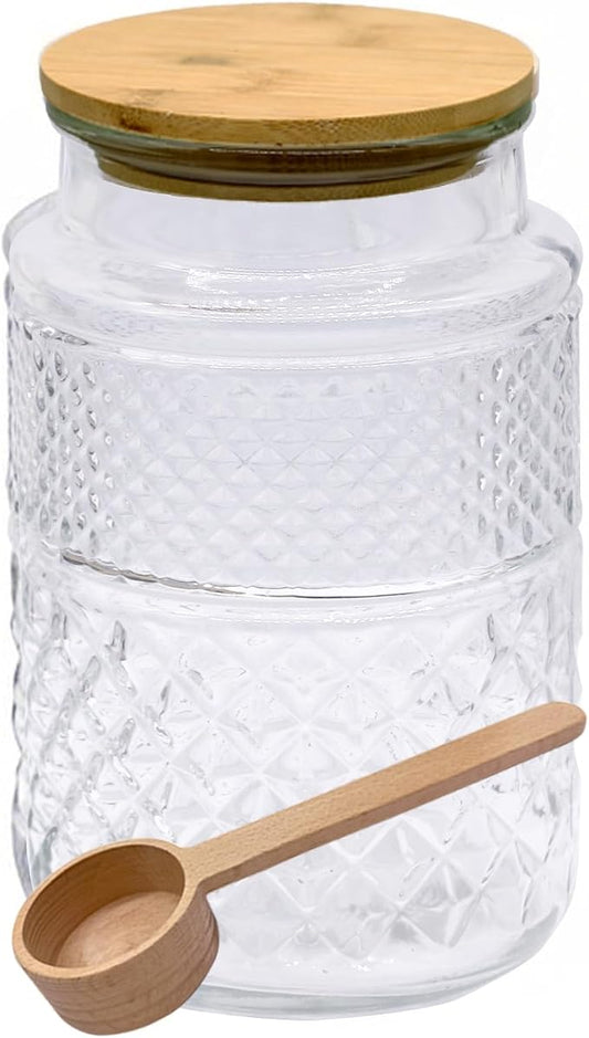 Viovian Vintage Glass Jar with Lid Wood Spoon 60 OZ Round Thick Glass Storage Jars Airtight Lids Decorative Canister Container for Food Candy Cookie Sugar Coffee Tea Nuts Snack Bath Salt