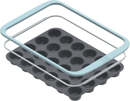 Chicago Metallic Silicone Mini Muffin Pan 24 Cup, Nonstick Cupcake Pan with Wire-Reinforced Rim, Oven Safe Flexible Baking Mold for Muffins, Egg Bites, and More, Blue, 14.6 x 10 Inches