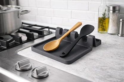 Silicone Spoon Rest for Stove – Heat Resistant, Non-Slip, Dishwasher Safe Utensil Holder with Drip Pad (Dark Gray)