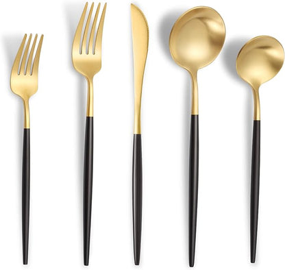Lemeya Matte Black Gold Silverware Set for 8,Modern Stainless Steel Brushed Cutlery Set,40-Pieces Heavy Duty Flatware Set,Knives Spoons and Forks Set Utensils Set, Satin Finish, Dishwasher Safe