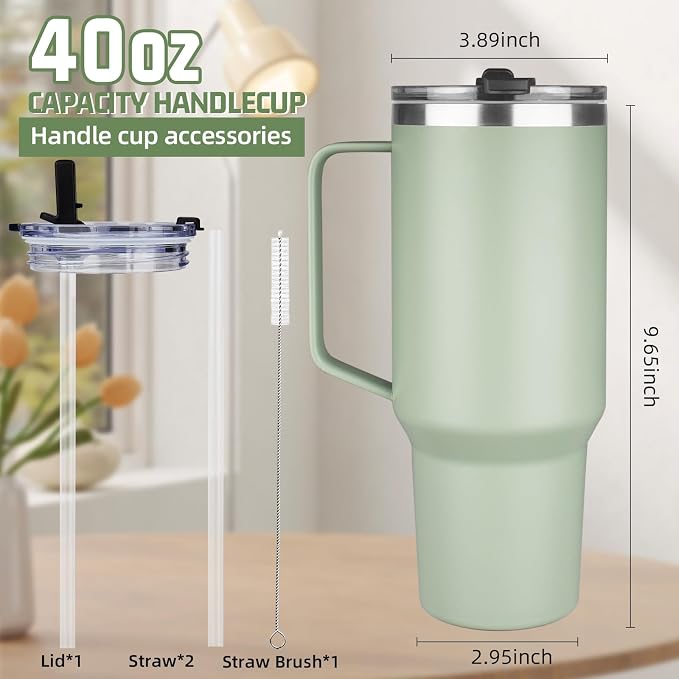 40 oz Tumbler with Handle and Flip Straw, 100% Leakproof Insulated Tumbler with Lid and Straw, Stainless Steel Travel Coffee Mug, Insulated Coffee Thermal Cup for Cold and Hot (Green Tea)