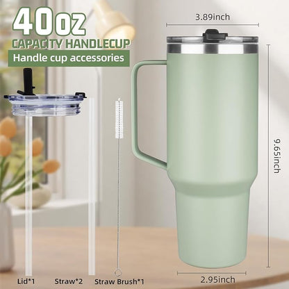 40 oz Tumbler with Handle and Flip Straw, 100% Leakproof Insulated Tumbler with Lid and Straw, Stainless Steel Travel Coffee Mug, Insulated Coffee Thermal Cup for Cold and Hot (Green Tea)