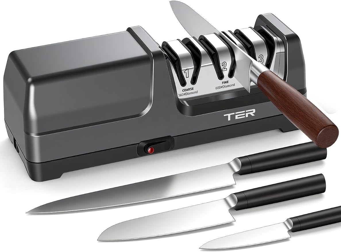 Electric Knife Sharpener, 3-Stage Diamond Knife Sharpener for Kitchen Knives 20-Degree Angle, 40S Quick Sharpening & Polishing for Chef, Santoku, Ceramic Knives, Easy to Use for Beginners, Black