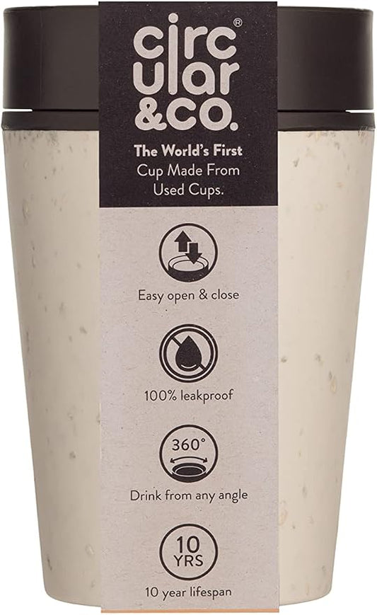 Circular and Co Leakproof Reusable Coffee Cup 8oz/227ml - The World's First Travel Mug Made from Recycled Coffee Cups, 100% Leak-Proof, Sustainable & Insulated. (Cream & Cosmic Black)