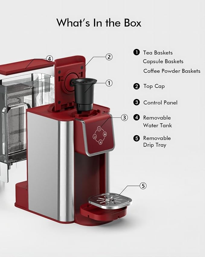 SIFENE Single Serve Coffee Machine, 3-in-1 Pod Coffee Maker for K-Pod Capsule, Ground Coffee, and Leaf Tea with 6-10 oz Cup Size, 50 oz Removable Water Reservoir, Red
