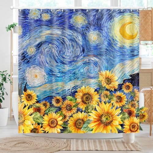 Shower Curtain Starry Night Sunflowers Van Gogh Inspired Art Decor 72x72