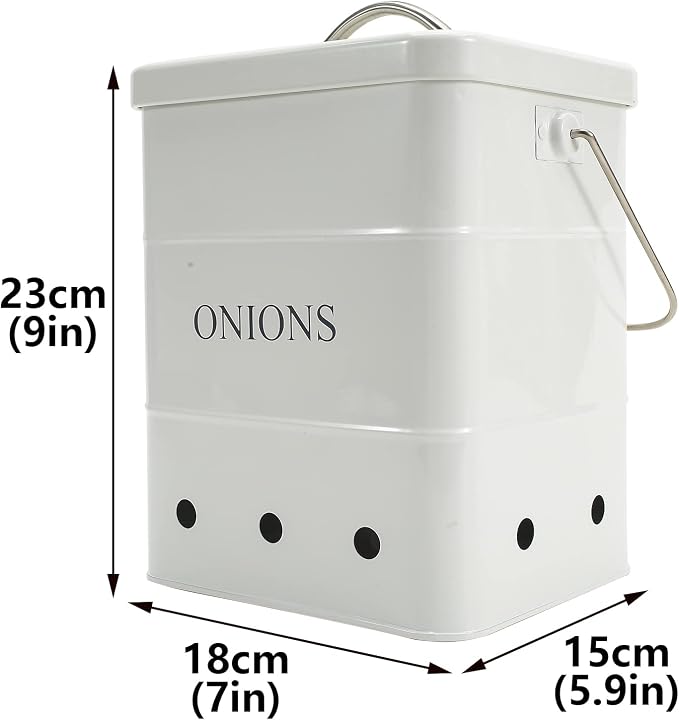 Onion Storage Bin, Metal Storage Tin with Aerating Holes - Kitchen Pantry Organizer, Fresh Keeper (White)