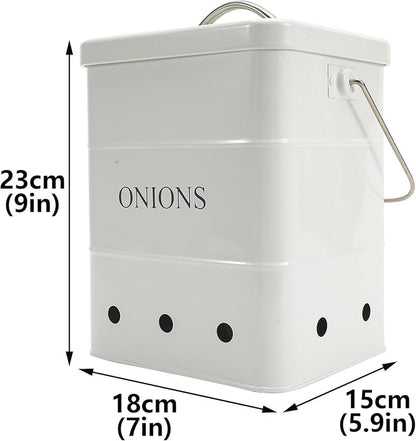 Onion Storage Bin, Metal Storage Tin with Aerating Holes - Kitchen Pantry Organizer, Fresh Keeper (White)