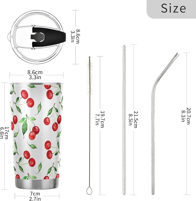 Tumbler Cherry Green Leaves Insulated Office Coffee Cup Back to School Beverage Container Travel Mug with Straw and Lid Double Wall Stainless Steel 20oz