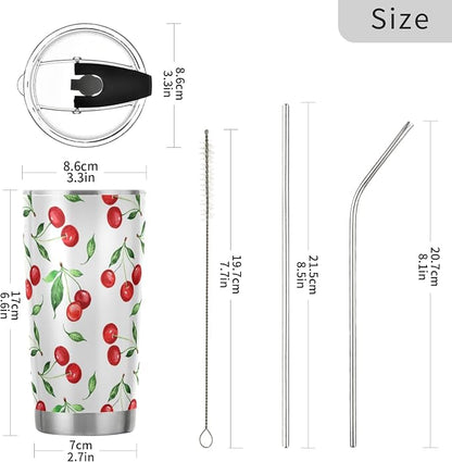 Tumbler Cherry Green Leaves Insulated Office Coffee Cup Back to School Beverage Container Travel Mug with Straw and Lid Double Wall Stainless Steel 20oz
