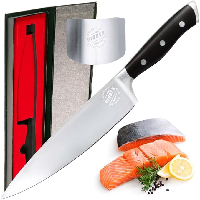 Pro Chef Knife - 8 inch Professional Kitchen Sharp German High Carbon Stainless Steel for Cutting Slicing Chopping - Ergonomic Handle and Gift Hand Guard Finger Protector.