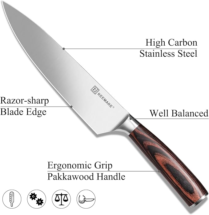 KEEMAKE Chef Knife - 8 Inch High Carbon Stainless Steel Kitchen Knife with Ergonomic Handle, Professional Kitchen Gadgets with Gift Box for Men and Women, Father Day Gifts