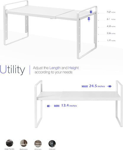 Nxconsu Expandable Cabinet Shelf Organizer Riser, 10.5" 2 Pack White | Heavy-Duty Steel Expandable Shelf Holds 50 lb, 5-Level Stackable Riser for Kitchen Cabinet Cupboard Pantry Counter Under Sink