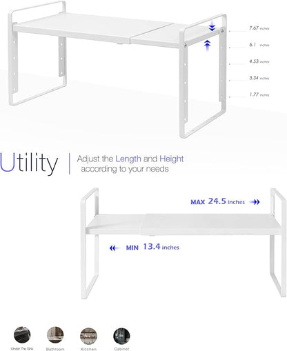 Nxconsu Expandable Cabinet Shelf Organizer Riser, 10.5" 1 Pack White | Heavy-Duty Steel Expandable Shelf Holds 50 lb, 5-Level Stackable Riser for Kitchen Cabinet Cupboard Pantry Counter Under Sink