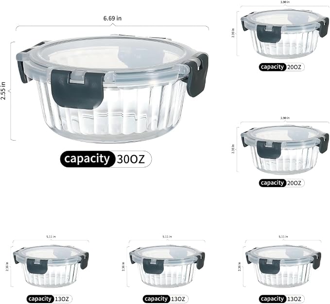 Glass Fluted Ombre grey Leak-Proof 6-Piece Set Food Storage Containers, Food Containers with Lids, Meal Prep Containers. (Round)