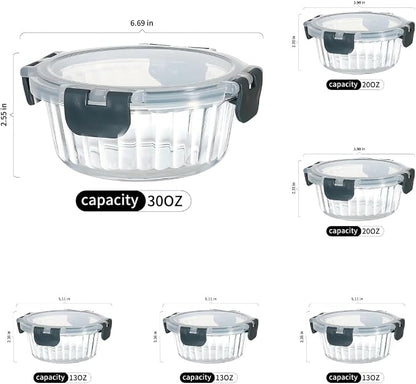 Glass Fluted Ombre grey Leak-Proof 6-Piece Set Food Storage Containers, Food Containers with Lids, Meal Prep Containers. (Round)