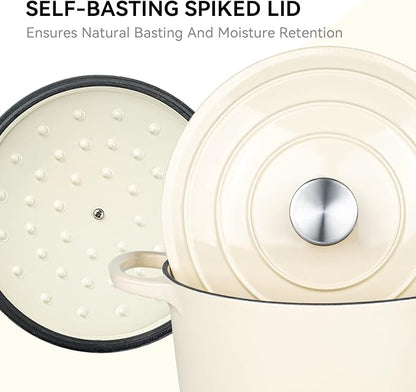 Miereirl 6 Quart Enameled Dutch Oven Pot with Lid, Cast Iron Dutch Oven with Dual Handles for Bread Baking, Cooking, Non-stick Enamel Coated Cookware (Beige)
