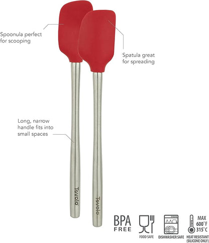 Tovolo Flex Core Mini Silicone Spatula Spoonula Set of 2 for Non Stick Cast Iron Cooking & Baking, Dishwasher Safe Heat Resistant BPA Free Small Stainless Steel Handle Kitchen Utensil, Cayenne Red