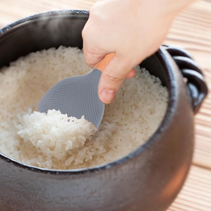 MAGICLULU Silicone Wooden Rice Paddle Kitchen Utensils Cooking Ladle Handle (Grey)