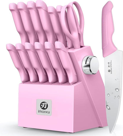 imarku Pink Kitchen Knife Set - 14-Piece Stainless Steel Knife Set with Block and Build-in Sharpener, Gift for Women, Anti-Slip Handle, Dishwasher Safe
