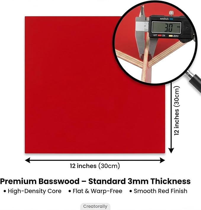 4 Pack Pre-Painted Colored Plywood Sheets,12x12x1/8 Inch (3mm) Basswood Board,Ideal for Laser Cutting, Engraving, DIY Crafts, Ornaments, Models Making (Red)