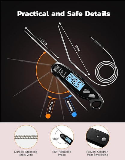 Instant Read Meat Thermometer Digital with Dual Probe, Food Thermometer for Cooking & Grilling, Large Backlit & Calibration, Grill Thermometer for Outside/Kitchen/Oven/Smoker/BBQ/Baking, Black